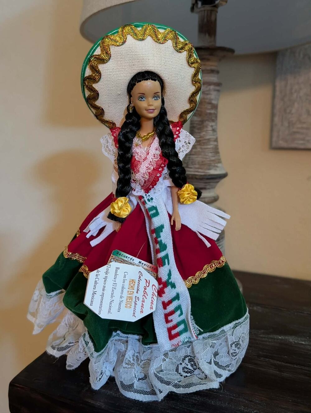 Handmade China Poblana MEXICAN Doll Long Black Braided Hair Viva Mexico Dress